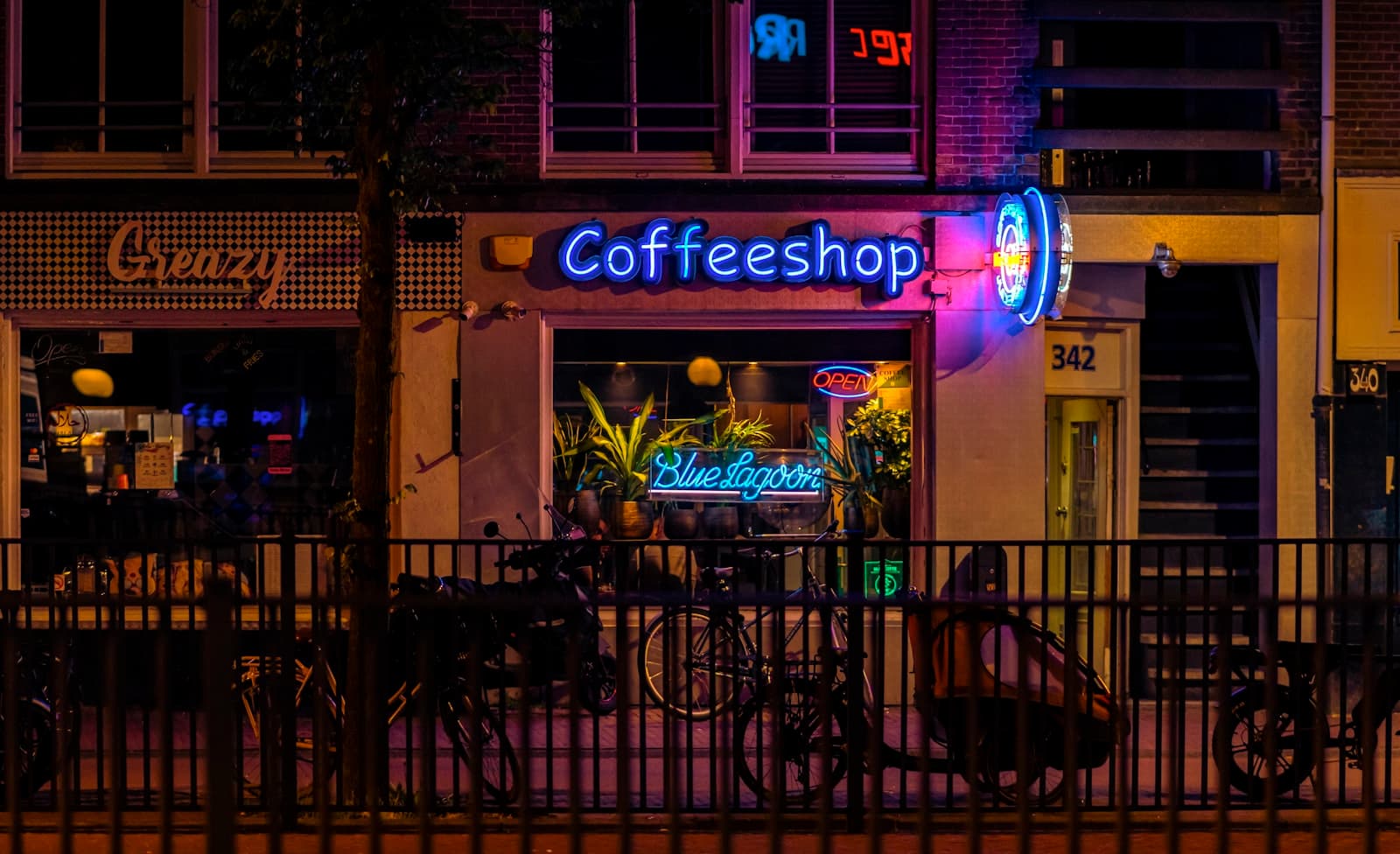 Neon-lit storefront signage at night, representing commercial advertising